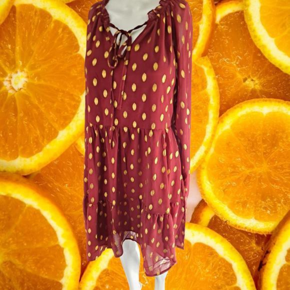 New Kirundo Maroon‎ with Gold Dots Dress Size Medium